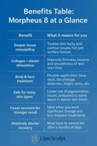 How Often Can I have Morpheus 8? 3 Table showing the benefits of Morpheus 8 treatment from Lipo Sculpt Sleaford